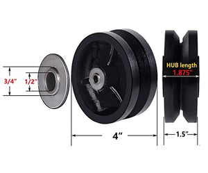 High-Capacity 4"x1-1/2" Cast Iron V Groove Caster Wheel with Straight Roller Bearing - 600 lbs Load Capacity, Ideal for Heavy-Duty Applications (1 Black Wheel)