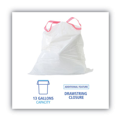 Boardwalk® Drawstring Kitchen Bags, 13 gal, 0.8 mil, White, 50 Bags/Roll, 2 Rolls/Carton