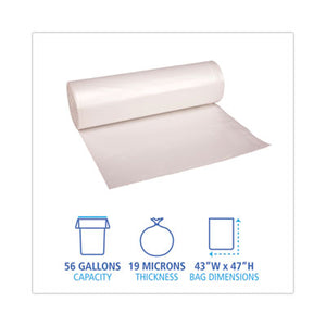 Boardwalk® High-Density Can Liners, 56 gal, 19 microns, 43" x 47", Natural, 25 Bags/Roll, 6 Rolls/Carton