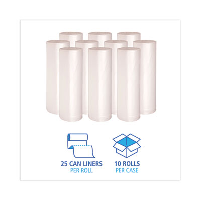 Boardwalk® High Density Industrial Can Liners Coreless Rolls, 45 gal, 16 microns, 40 x 48, Natural, 25 Bags/Roll, 10 Rolls/Carton