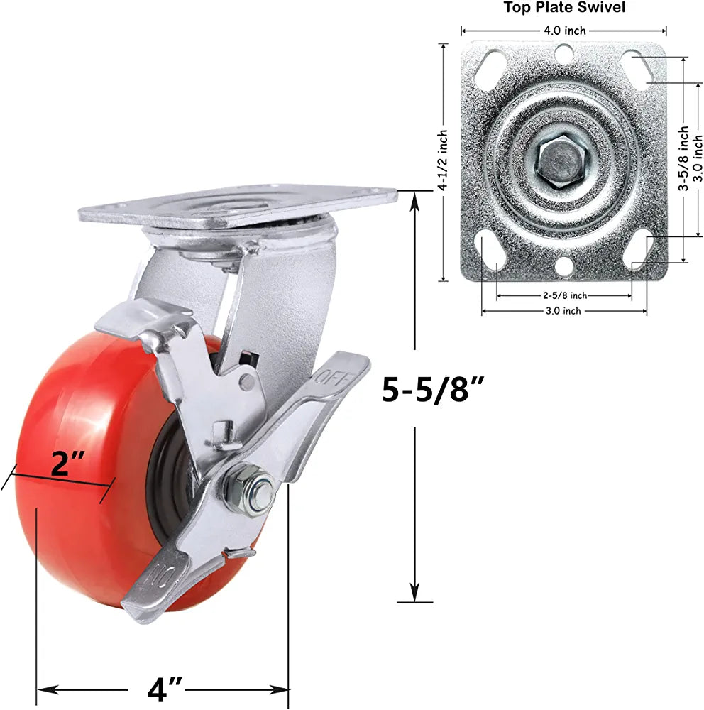 Heavy Duty 4-inch Plate Casters with 2800 lbs Capacity, Set of 4 (2 Swivel with Brakes + 2 Rigid), Polyolefin/Polyurethane Wheel and Top Plate Caster Extra Width 2 inches