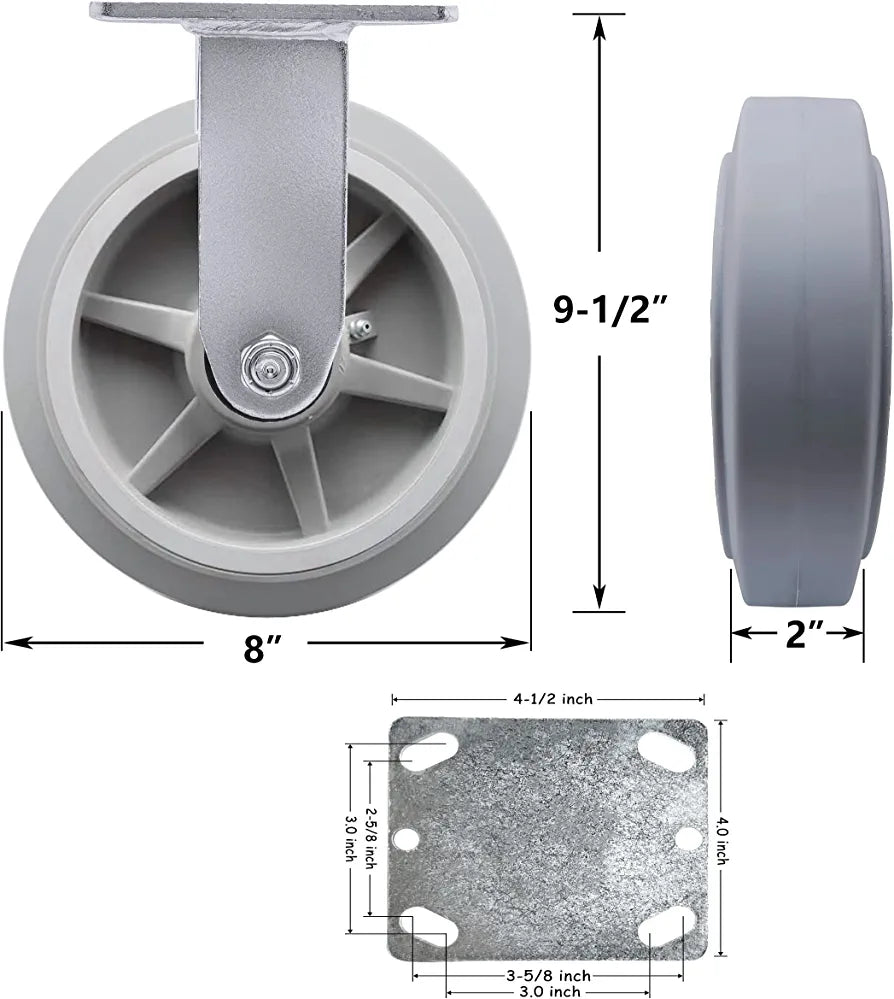8" 2 Pack Plate Caster, Thermoplastic Heavy Duty Rubber Gray Rigid Caster, Top Plate Caster, 1200 lbs Total Capacity (8 inches Pack of 2, Rigid Wheel)