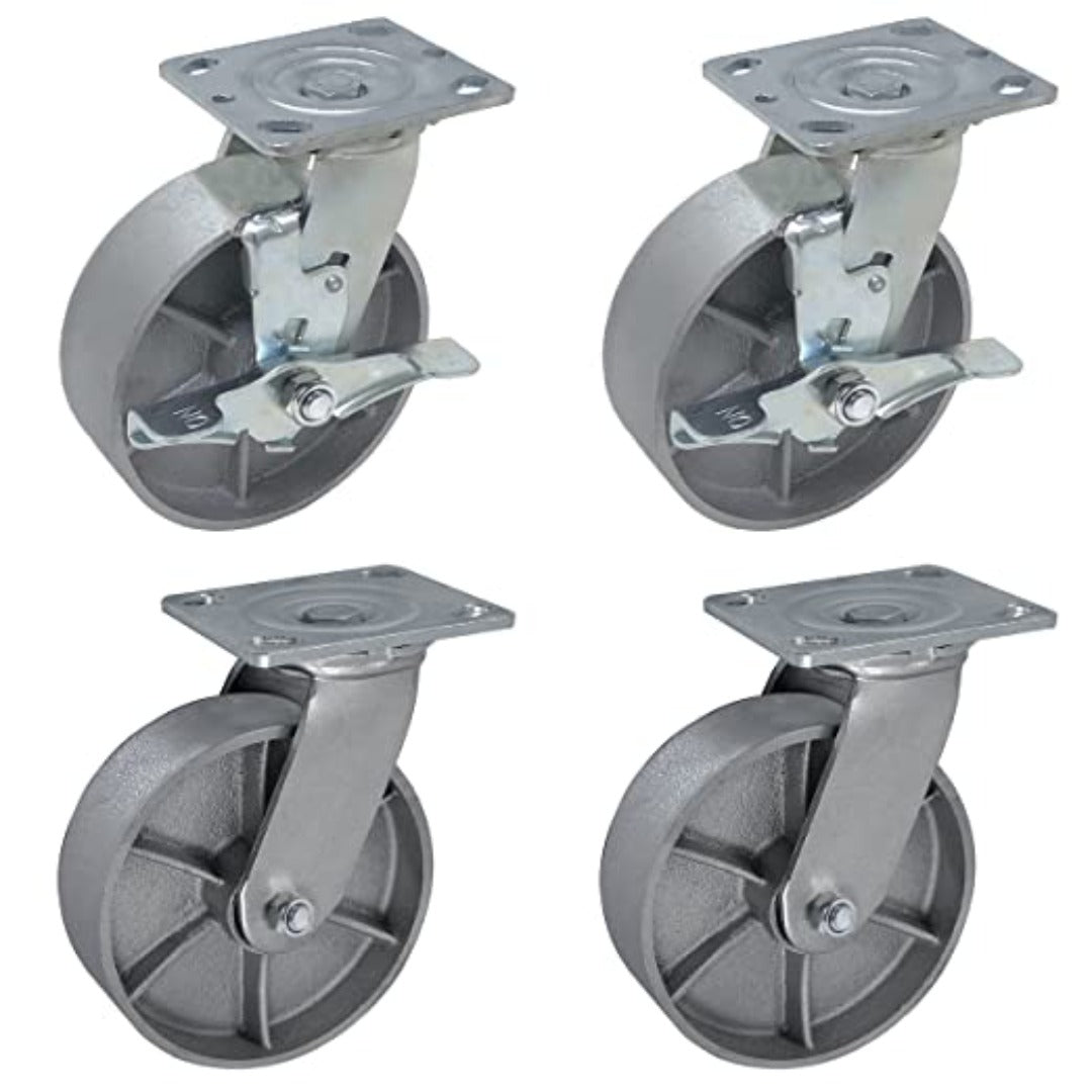 Heavy Duty Caster Steel Cast Iron Wheel, Tool Box and Workbench Caster-Set of 4, 5000LB Capacity (6 inch, 2Swivel & 2Brake)