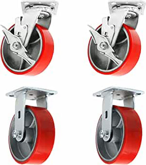 5" Heavy-Duty Polyurethane Caster Set (4 Pack) with Top Plate and 4000 lbs Total Capacity - Red Swivel 2 w/Brake