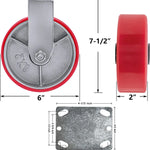 Maximize Mobility and Strength with our 6" Heavy Duty Polyurethane Plate Caster - 1200lbs Capacity, Extra Wide 2-inch Top Plate, Steel Wheel, Red Rigid Design