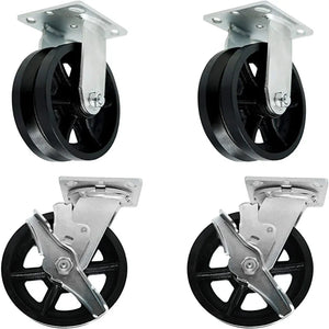 4" Heavy Duty Cast Iron V-Groove Wheel Plate Casters - Pack of 4 (2 Swivel w/Brakes & 2 Rigid) - 3200 lbs Total Capacity - Top Plate Caster Extra Width 2 inches