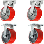 Red Heavy Duty 8" Plate Caster Set of 4, 5000lbs Total Capacity with 2 Swivel and 2 Rigid Casters, Polyurethane Mold on Steel Wheel