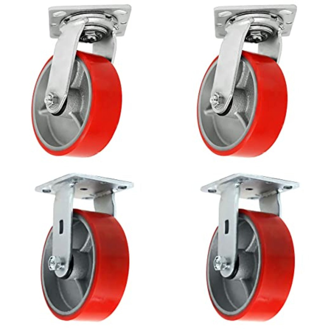 Heavy Duty 5" Polyurethane Plate Casters - 4 Pack with 4000 lbs Total Capacity, Red (2 Swivel + 2 Rigid), Extra Width Top Plate and Molded Steel Wheel