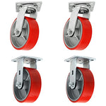 Heavy Duty 4" Plate Casters with Polyurethane Wheels: Pack of 4, 2800 lbs Total Capacity, Green (2 Swivel + 2 Rigid), Extra 2-inch Width Top Plate Caster