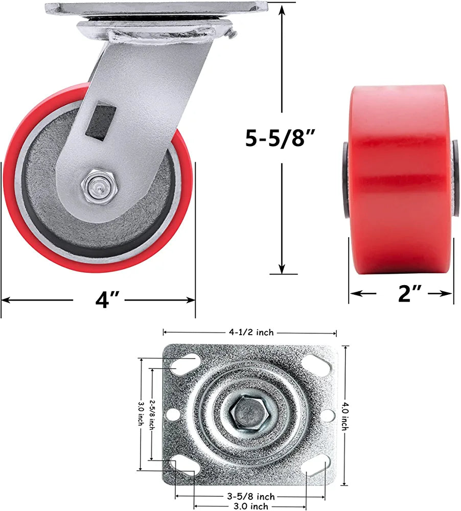 Industrial Polyurethane Caster Set - 4" x 2" Heavy Duty Casters with 3000 LB Load Capacity, Ideal for Furniture, Workbench, Tool Box - 2 Swivel & 2 Brake Casters Included