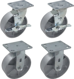 6" 4 Pack Plate Casters - Heavy Duty Steel Cast Iron Wheels with 2" Extra Width - 4800 lbs Total Capacity - Silver (4 Swivel w/ Brake and 2 Fixed)