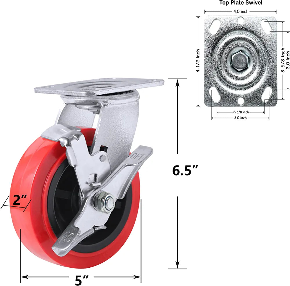 5" Heavy Duty Plate Caster Wheel Set - 4 Pack, 3000 lbs Total Capacity, Polyolefin/Polyurethane Wheel, Top Plate with Extra Width 2 inches, 2 Swivel with Brakes and 2 Rigid