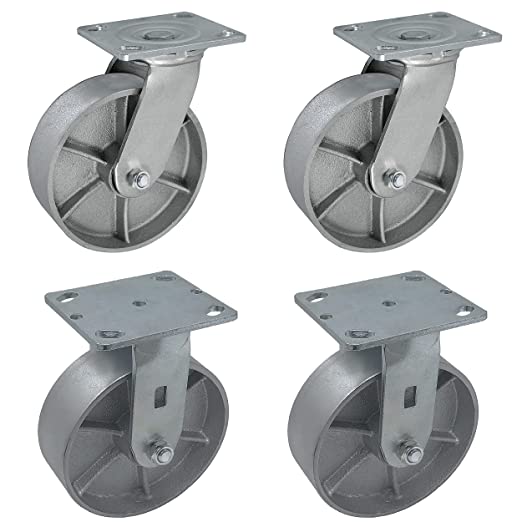 Heavy Duty Plate Casters, 6 Inch 4-Pack with 4800 lbs Total Capacity, Steel Cast Iron Wheels, Extra Wide Top Plate (2" width), Silver Finish, 2 Swivel + 2 Rigid Casters