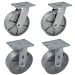 Heavy Duty Plate Casters, 6 Inch 4-Pack with 4800 lbs Total Capacity, Steel Cast Iron Wheels, Extra Wide Top Plate (2" width), Silver Finish, 2 Swivel + 2 Rigid Casters