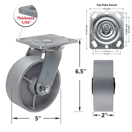 Heavy Duty Caster Steel Cast Iron Wheel, Tool Box and Workbench Swivel Caster 1000LB Capacity (5 inch, 1 Swivel Caster)