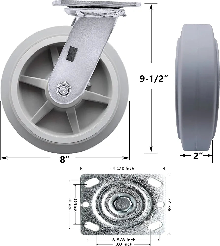 Premium 8" Heavy Duty Rubber Plate Casters (2-Pack) with 1200 lbs Total Capacity - Swivel Wheel Design, Easy Installation, Ideal for Industrial and Commercial Use