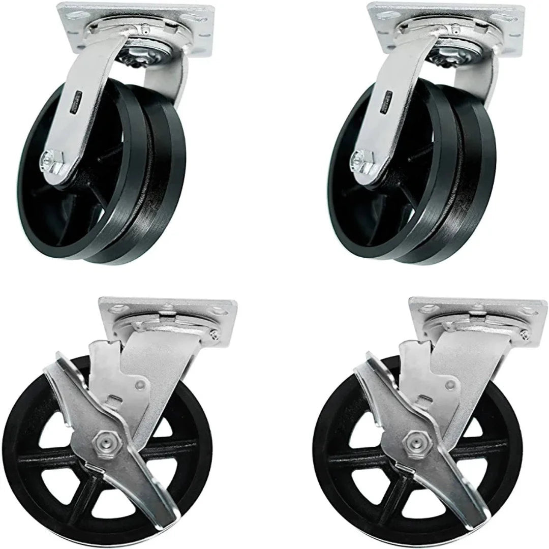 4 Inch Heavy Duty Cast Iron V-Groove Plate Caster Set - 3200 lbs Total Capacity, 4 Pack with 4 Swivel and 2 Brakes