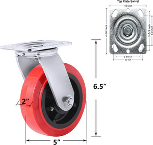 Polyolefin/Polyurethane 5" Plate Caster Wheel 4 Pack, Top Plate Caster Extra Width 2 inches, 3000 lbs Total Capacity (5 inches Pack of 4 Swivel No Break Casters)