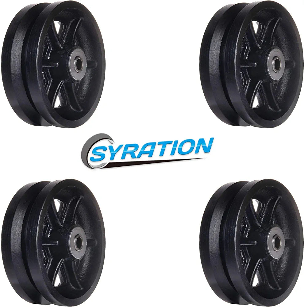 4-Pack Cast Iron V-Groove Caster Wheels, 6" Diameter x 2" Width, 4000 lbs Capacity with Straight Roller Bearing