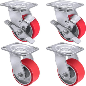 Industrial Polyurethane Caster Set - 4" x 2" Heavy Duty Casters with 3000 LB Load Capacity, Ideal for Furniture, Workbench, Tool Box - 2 Swivel & 2 Brake Casters Included