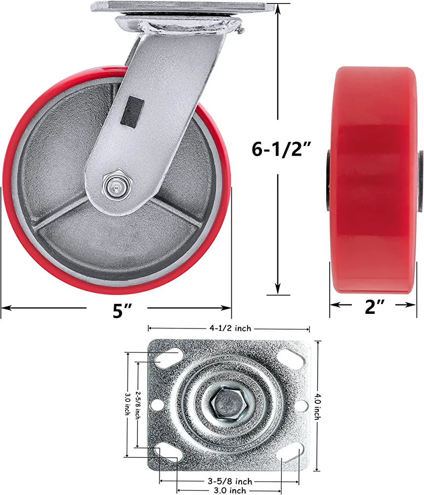 Industrial Grade 5"x 2" Polyurethane Swivel Casters Set of 4 - 4000LB Load Capacity for Furniture, Workbench, Tool Box and More