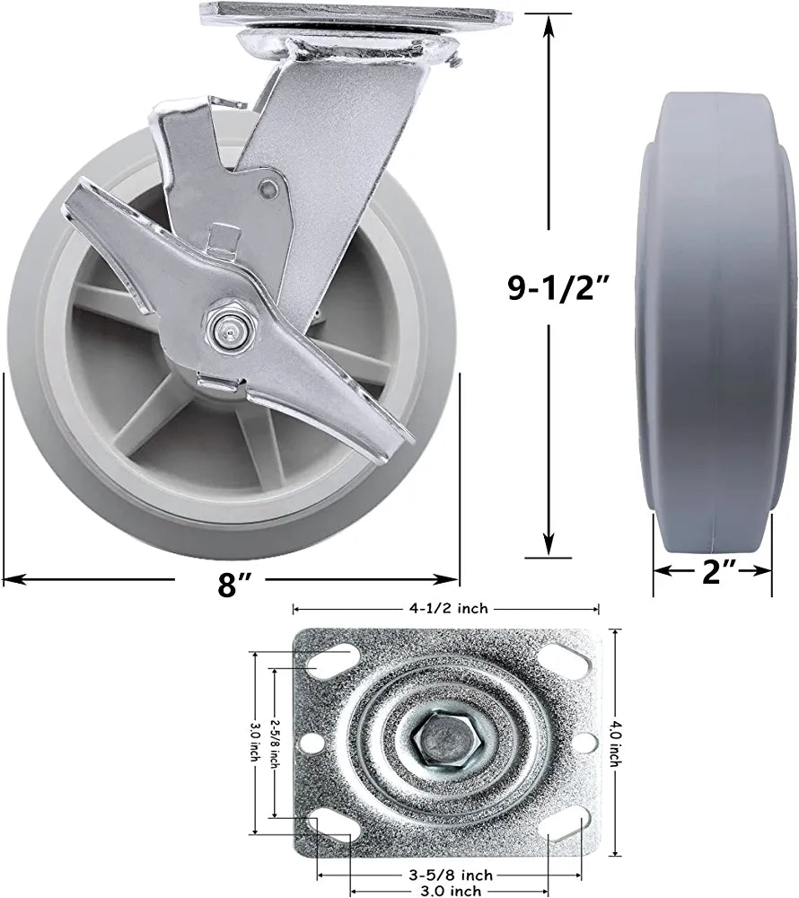 Set of 2 Heavy Duty 8-inch Swivel Plate Casters with Brake - 1200lbs Total Capacity - Gray Rubber Wheels
