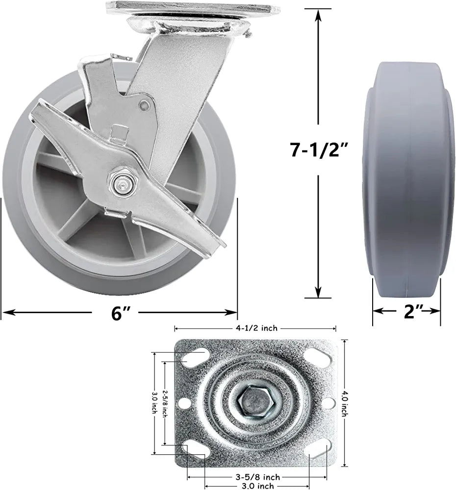 Heavy Duty 6" Gray Swivel Casters with Brake, Pack of 4, 2200 lbs Total Capacity