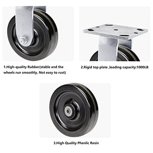 4 Pack Heavy Duty Plate Casters with Phenolic Wheels, 5 Inch Size and 4000 lbs Total Capacity, Featuring 2 Swivel Casters with Brakes and 2 Rigid Casters with Extra 2-Inch Width on Top Plate
