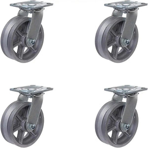 4-Pack 6" Silver Swivel Cast Iron V-Groove Top Plate Caster with 2" Extra Width and 4000 lbs Total Capacity