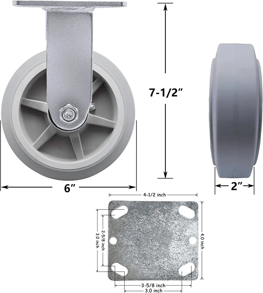 Gray Rigid Caster with 6" Diameter x 2" Width Thermoplastic Rubber Wheel - 1100 lb Total Capacity, Top Plate 6", Pack of 2