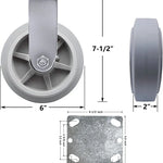 Gray Rigid Caster with 6" Diameter x 2" Width Thermoplastic Rubber Wheel - 1100 lb Total Capacity, Top Plate 6", Pack of 2