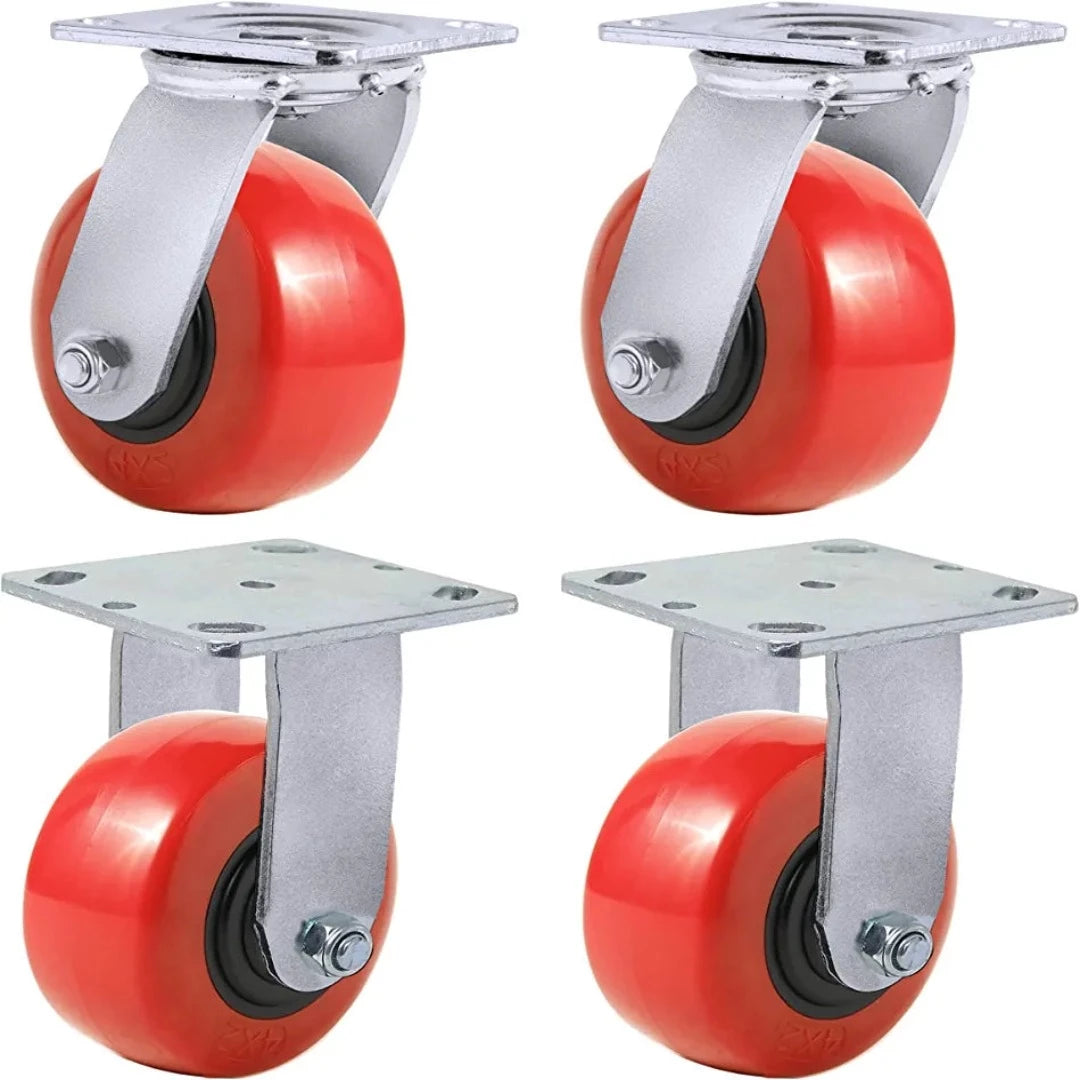 Heavy Duty 4" Plate Casters with Polyolefin/Polyurethane Wheel, 2800 lbs Total Capacity, Red/Black (4 Pack, 2 Swivel + 2 Rigid)