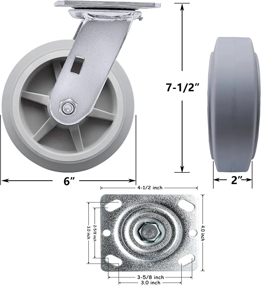 Set of 2 Gray 6" x 2" Swivel Caster Wheels with 1100 lbs Total Capacity - Thermoplastic Rubber and Zinc Steel Construction - Top Plate (6 inches) - Multipurpose Use