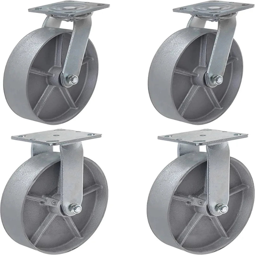 Set of 4 Heavy Duty Steel Cast Iron Casters - 5200 lbs Capacity - 8" Wheel (2 Swivel & 2 Rigid)