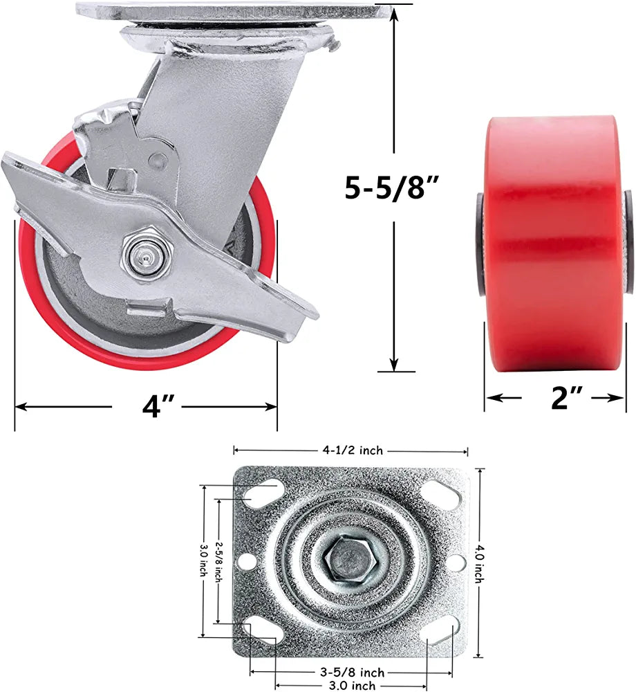 ndustrial Grade 4"X 2" Polyurethane Caster with 800 LB Load Capacity - Heavy Duty Casters with Brake for Furniture, Workbenches and Toolboxes