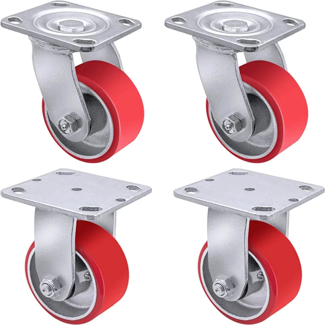 Heavy Duty Polyurethane Casters - 4" x 2" Industrial Set of 4 with 3000 LB Load-Bearing Capacity, Ideal for Furniture, Workbenches, and Tool Boxes (2 Rigid, 2 Swivel)
