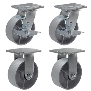 Heavy Duty Caster Steel Cast Iron Wheel, Tool Box and Workbench Caster-Set of 4, 4000LB Capacity (5 inch, 2 Brakes & 2Rigids)