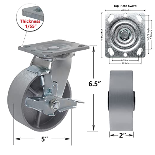 Heavy Duty Caster Steel Cast Iron Wheel, Tool Box and Workbench Caster-Set of 4 4000 LB Capacity (5 inch, 4Swivel&2Brake)
