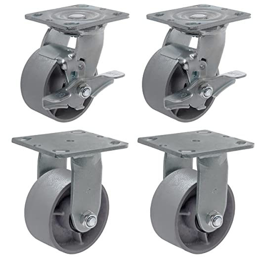 Heavy Duty Caster Steel Cast Iron wheel, Tool box and Workbench Caster-Set of 4, 3000 LB Capacity (4 inch, 2 Brake & 2 Rigid)