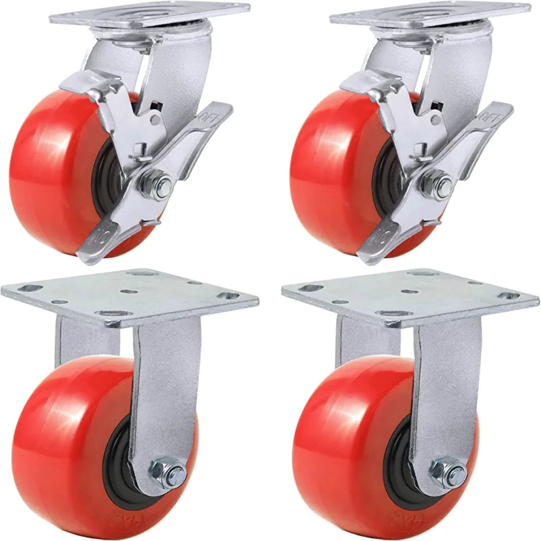 Heavy Duty 4-inch Plate Casters with 2800 lbs Capacity, Set of 4 (2 Swivel with Brakes + 2 Rigid), Polyolefin/Polyurethane Wheel and Top Plate Caster Extra Width 2 inches