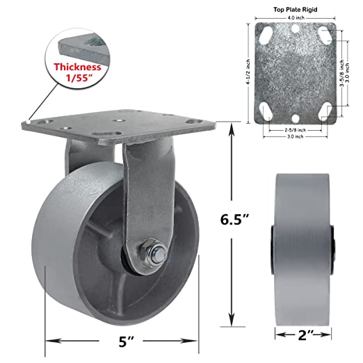 Heavy Duty Caster Steel Cast Iron Wheel, Tool Box and Workbench Rigid Caster 1000 LB Capacity (5 inch, 1 Rigid)