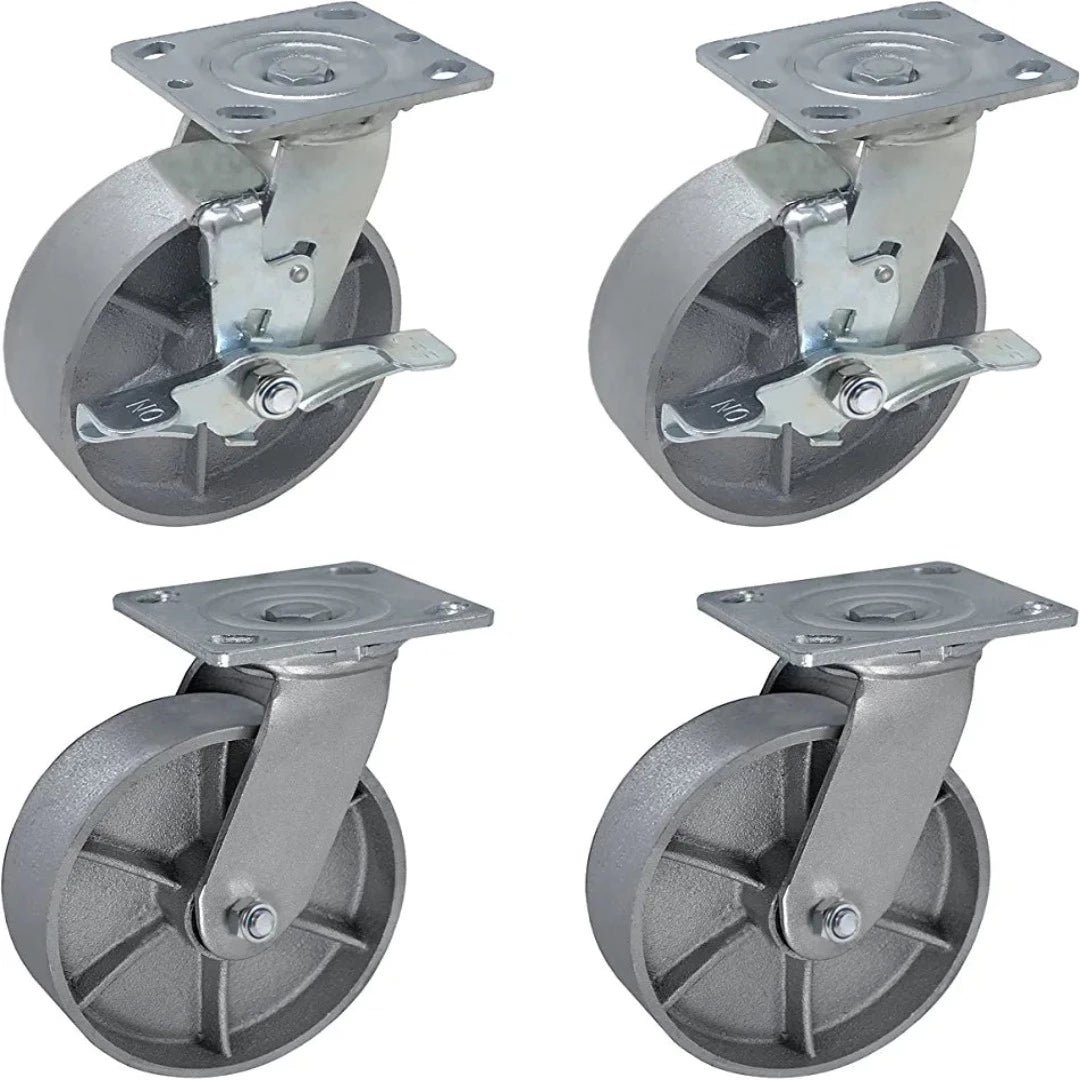 6" 4 Pack Plate Casters - Heavy Duty Steel Cast Iron Wheels with 2" Extra Width - 4800 lbs Total Capacity - Silver (4 Swivel w/ Brake and 2 Fixed)