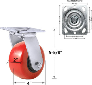 Heavy-Duty 4" Polyolefin/Polyurethane Caster Wheel 4-Pack - 2800 lbs Total Capacity - 2" Extra Width Top Plate - Swivel Casters