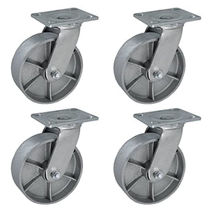 Heavy Duty Plate Casters - 6" 4-Pack with 4800 lbs Total Capacity, Steel Cast Iron Wheels, Extra Wide Top Plate and 4 Swivel Silver Casters